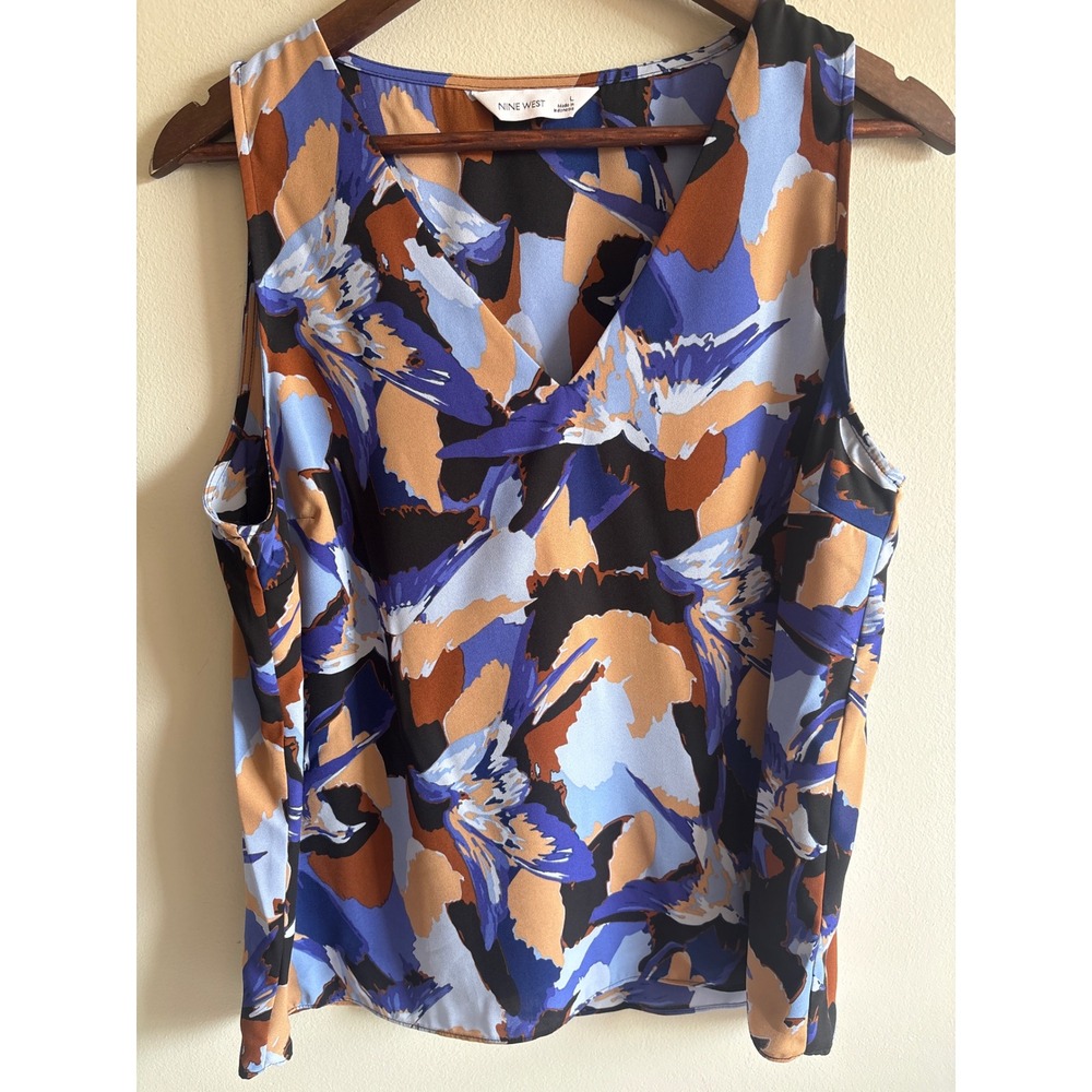 Nine West Abstract Print Wrap Style Blouse Blue Orange Black Size L